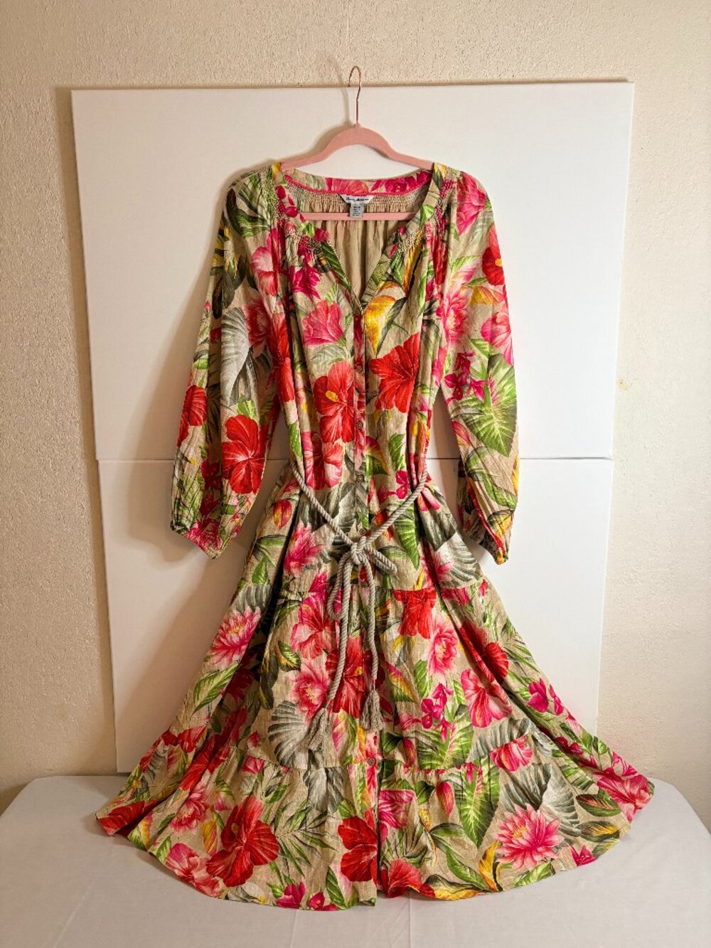 Tommy Bahama Floral Print Rope Tie Belt Long Sleeve Button Up Midi Dress Size M